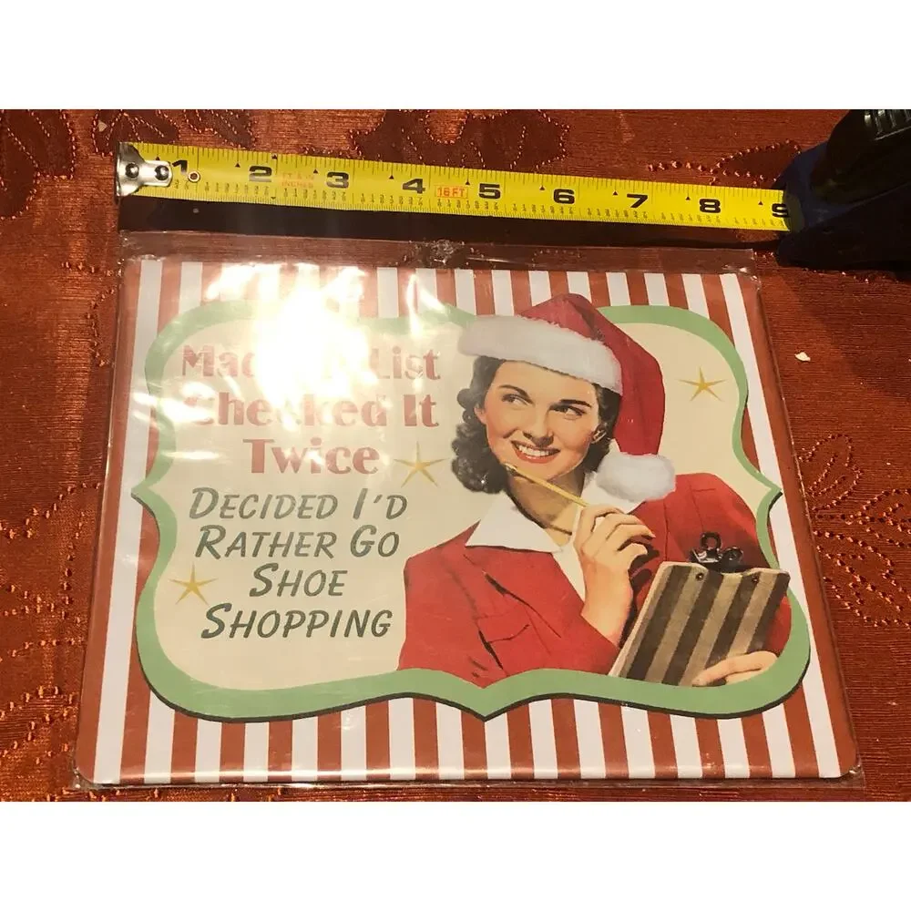 NWT NEW Retro Christmas Decor Metal Sign Made‎ My List Rather Go Shoe Shopping